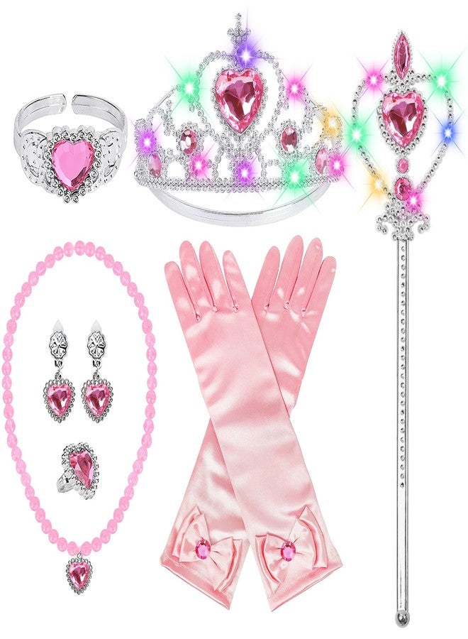 STOPKLAS Princess Dress Up Accessories, Light Up Wand Crown 7Pcs Princess Dress Up Set with Gloves Tiara Necklace Earrings Bracelet and Ring Gift Set for 3-6 Toddler Kids Girls Cosplay Party, Pink - Image 1